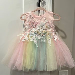 Baby girl rainbow satin and tool dress, with embroidery. Size 3 months.